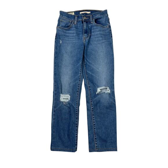 Levi’s 724 High Rise Straight Crop Stretch Denim Jeans Ripped Knees Womens 25 - Picture 1 of 8